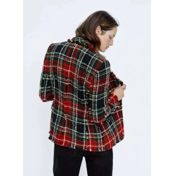 ZARA | RARE Plaid Tweed Red Checkered Frayed Hem Collared Blazer (Size XS) - Picture 9 of 15